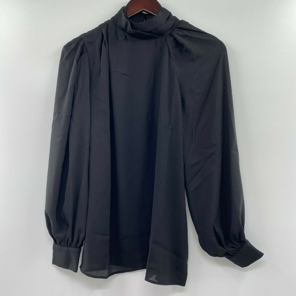 Krisa Drape Neck Long Sleeve Top Blouse Black XS Cowl Neck Cutout Back Career